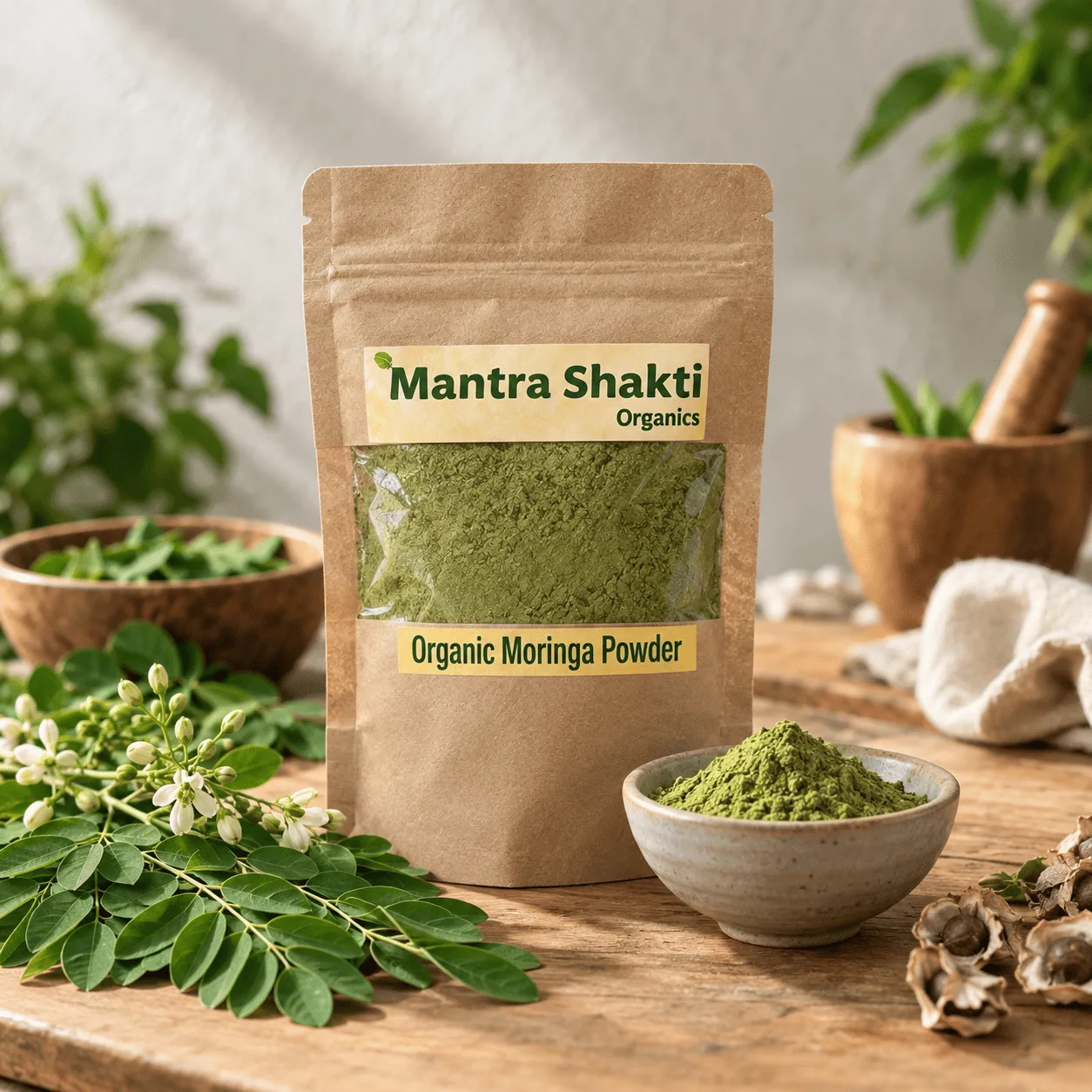 MantraShakti Organic Moringa Powder, shade-dried whole leaf, 100 g pack